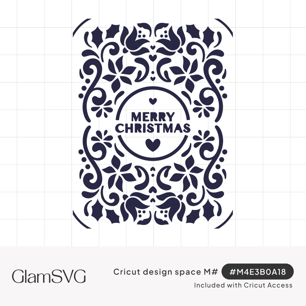 Navy filigree panel of poinsettias, holly, berries and swirls around a circle reading Merry Christmas with two small hearts