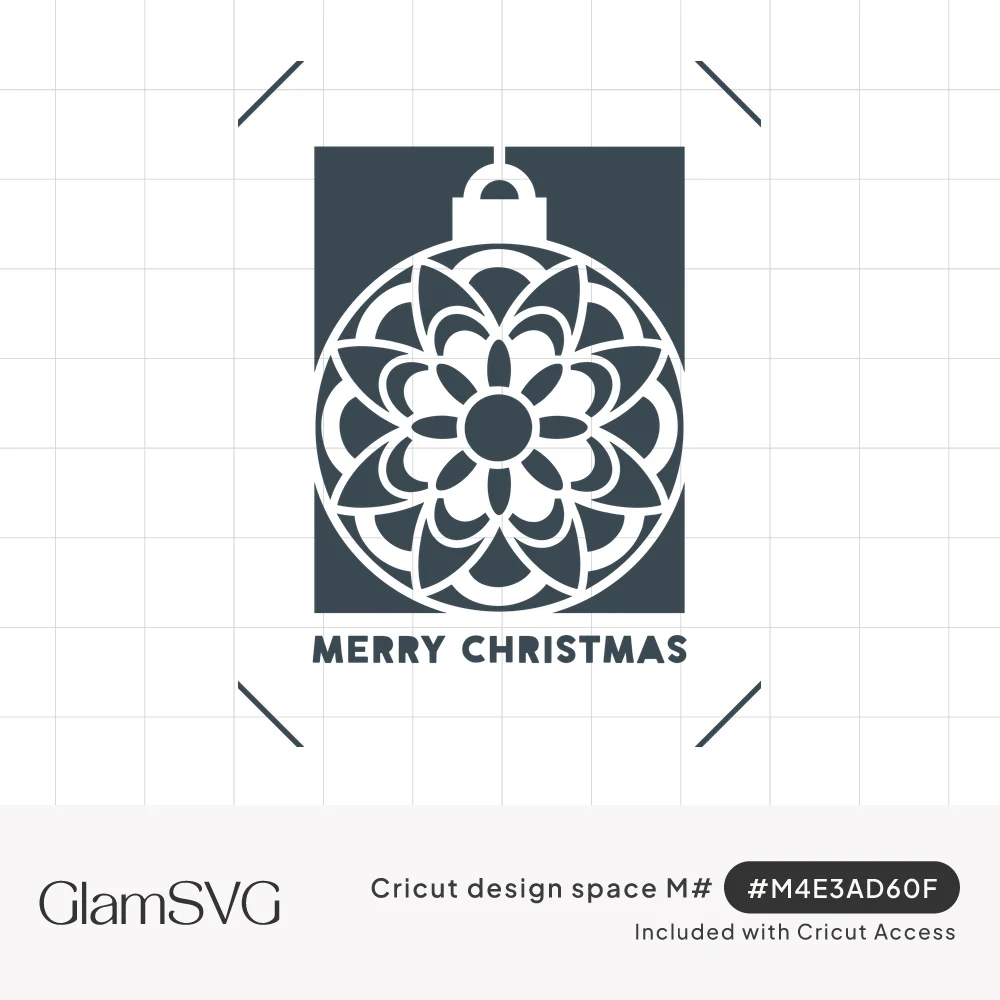 White floral mandala Christmas ornament cut out of a dark gray panel with Merry Christmas in block letters below