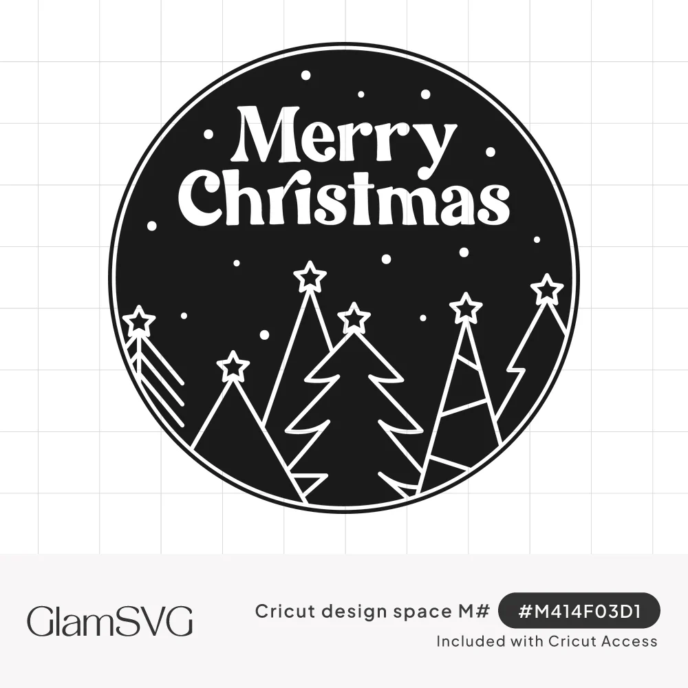 Round black design with white Merry Christmas lettering above star-topped line-drawn Christmas trees and snow dots