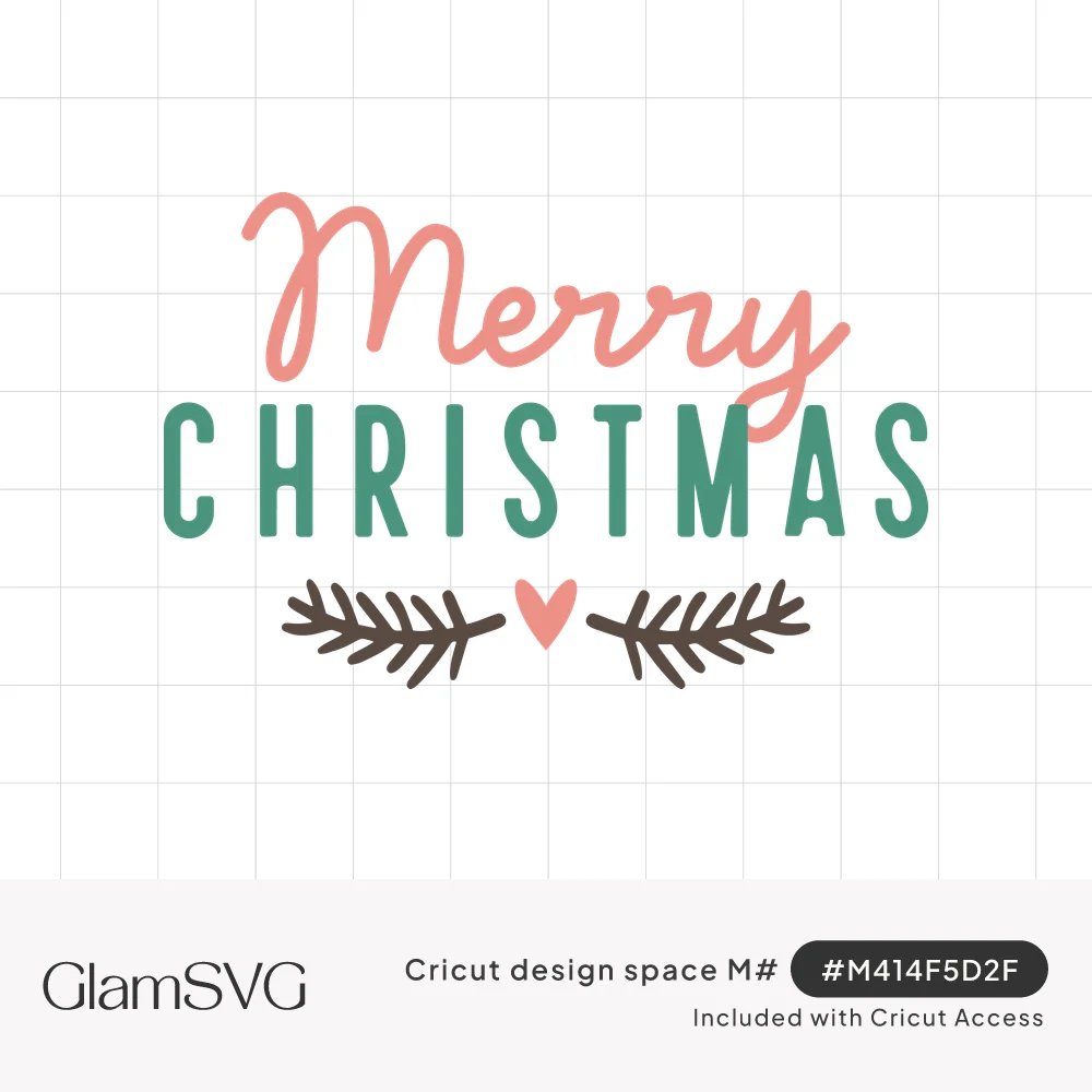Merry in coral script above CHRISTMAS in green capitals, with two brown pine sprigs and a small coral heart below