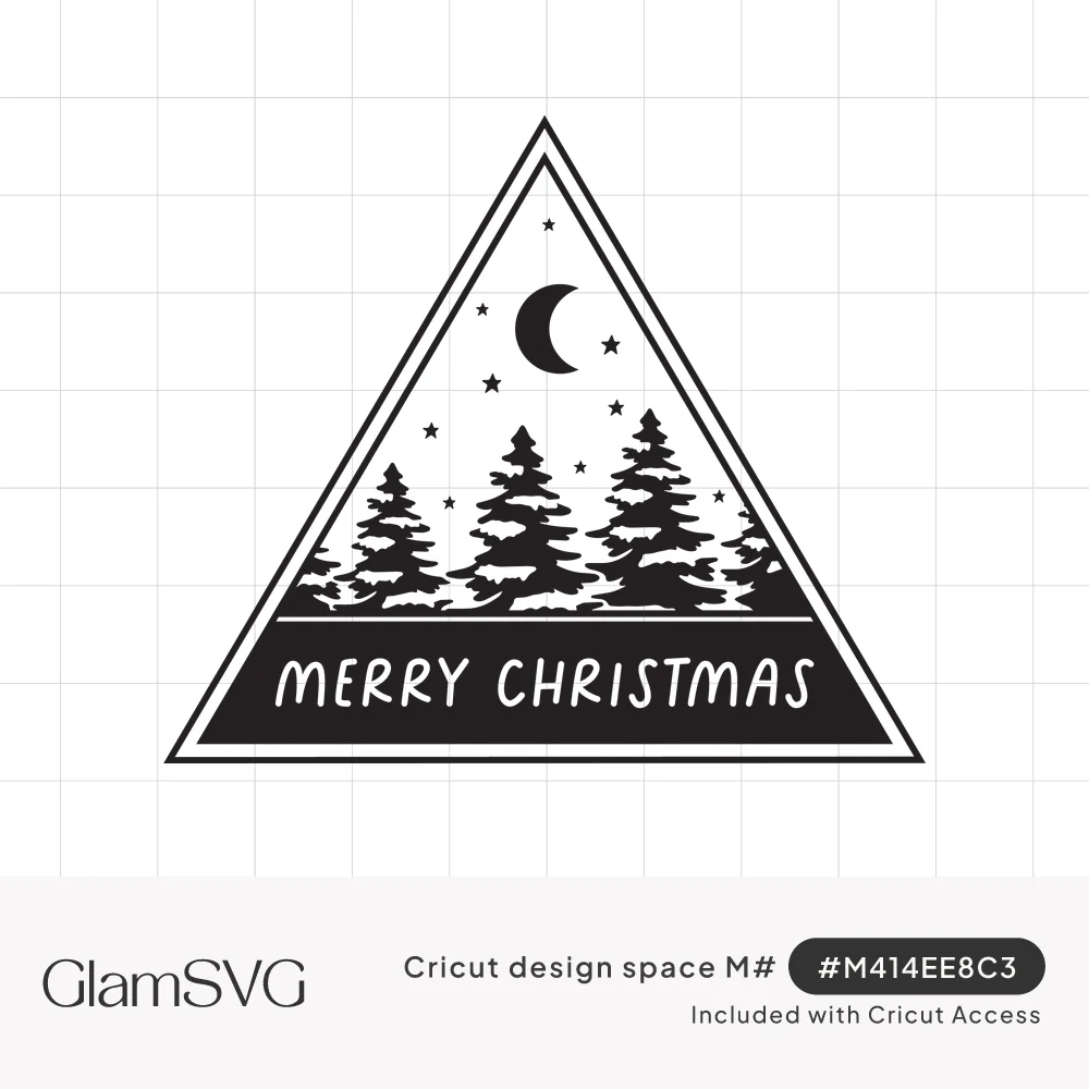 Black and white triangle badge with snowy pine trees, crescent moon, stars and Merry Christmas lettering in a banner