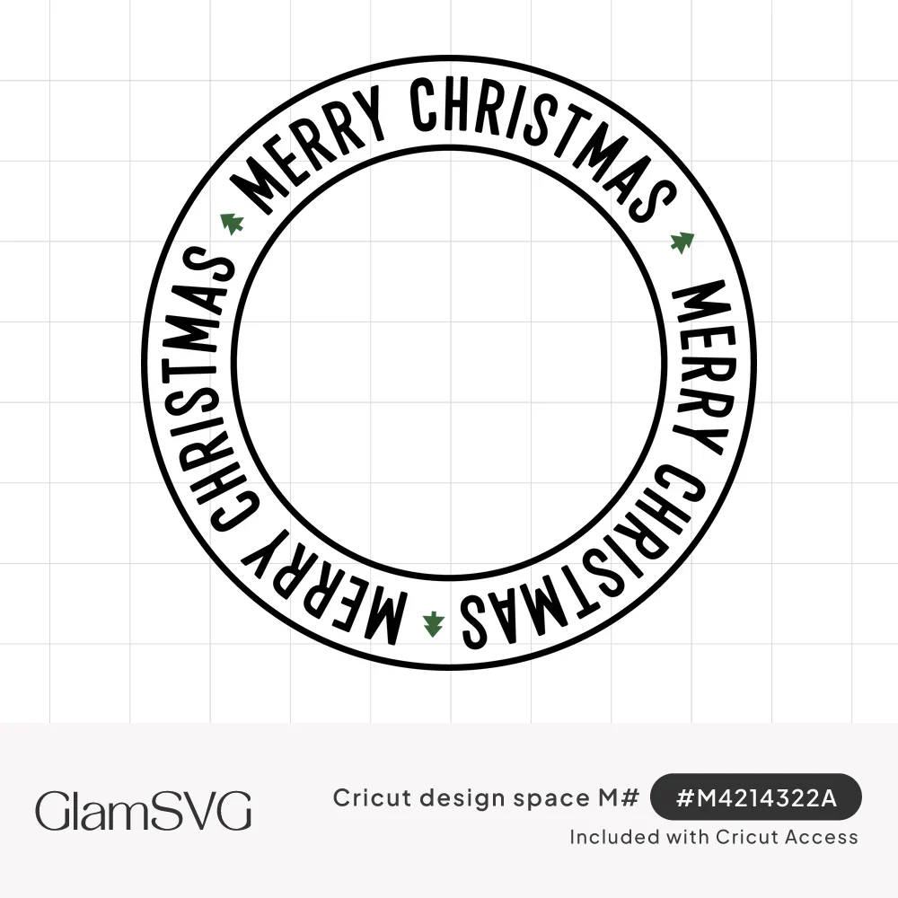 Circular frame with Merry Christmas repeated around the ring in black letters, separated by small green Christmas trees