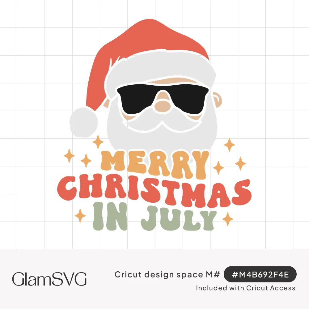 Santa Claus wearing black sunglasses and a red hat above retro wavy text reading Merry Christmas in July with sparkles