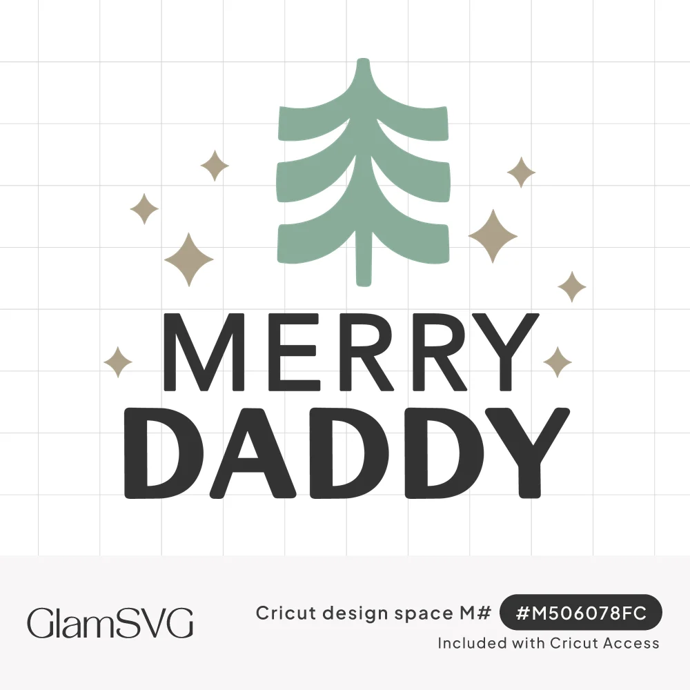 Sage green geometric Christmas tree with taupe sparkles above bold dark text reading Merry Daddy