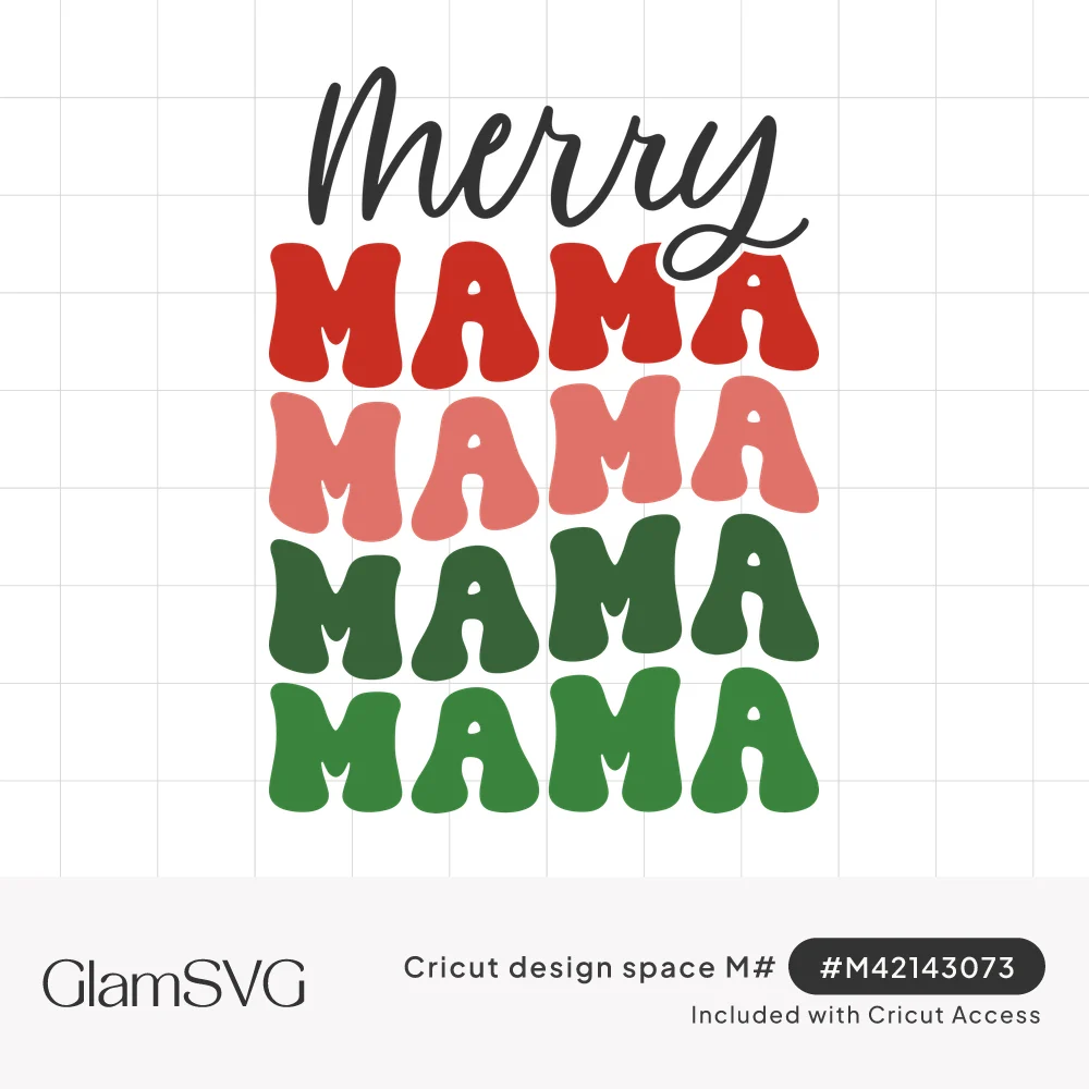 Black script Merry above four stacked wavy MAMA words in red, pink, dark green and green retro lettering