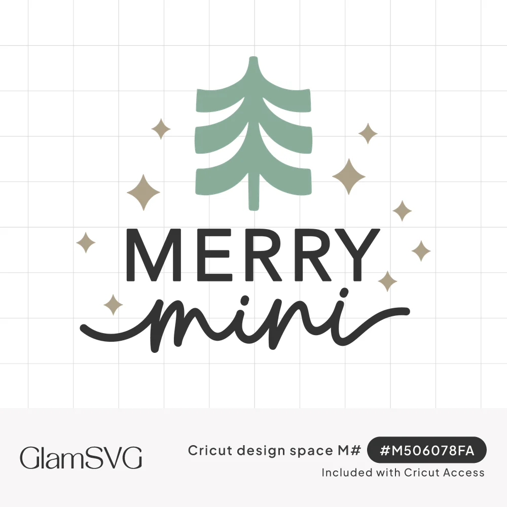 Sage green stylized Christmas tree with taupe sparkles above the words Merry in bold capitals and mini in script