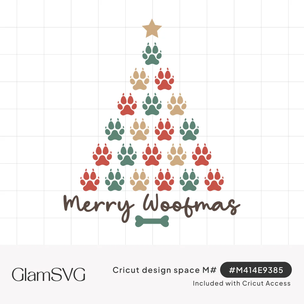Christmas tree made of red, green and tan paw prints with a gold star, Merry Woofmas script, and a green dog bone below