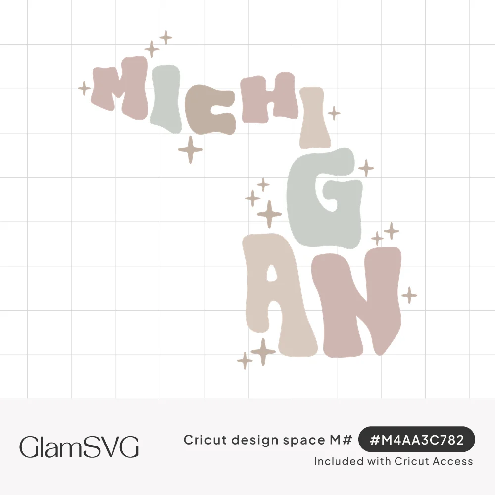 Wavy pastel letters spelling Michigan arranged in the shape of the state, surrounded by small sparkle stars