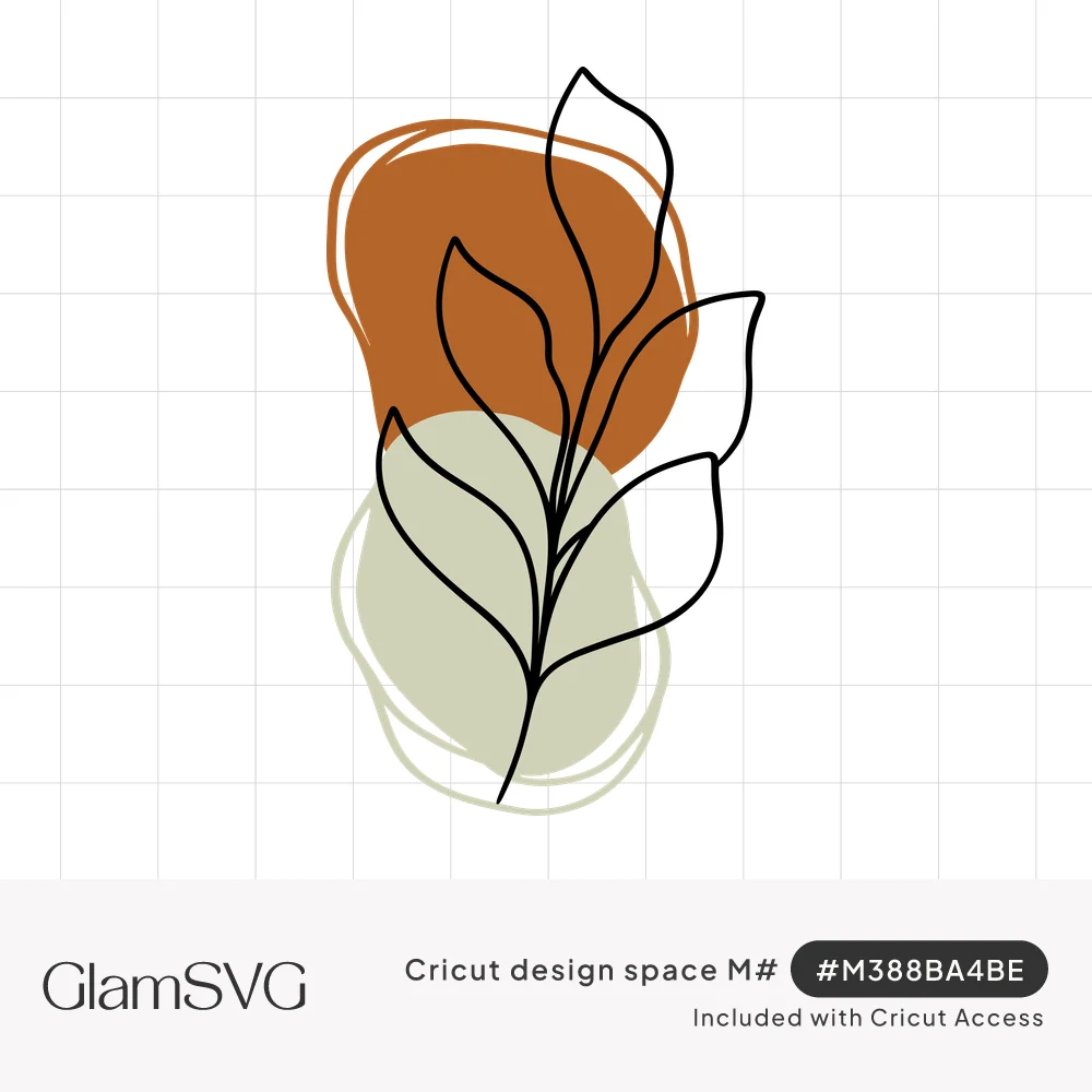 Black line art leafy branch over overlapping terracotta orange and sage green abstract organic shapes