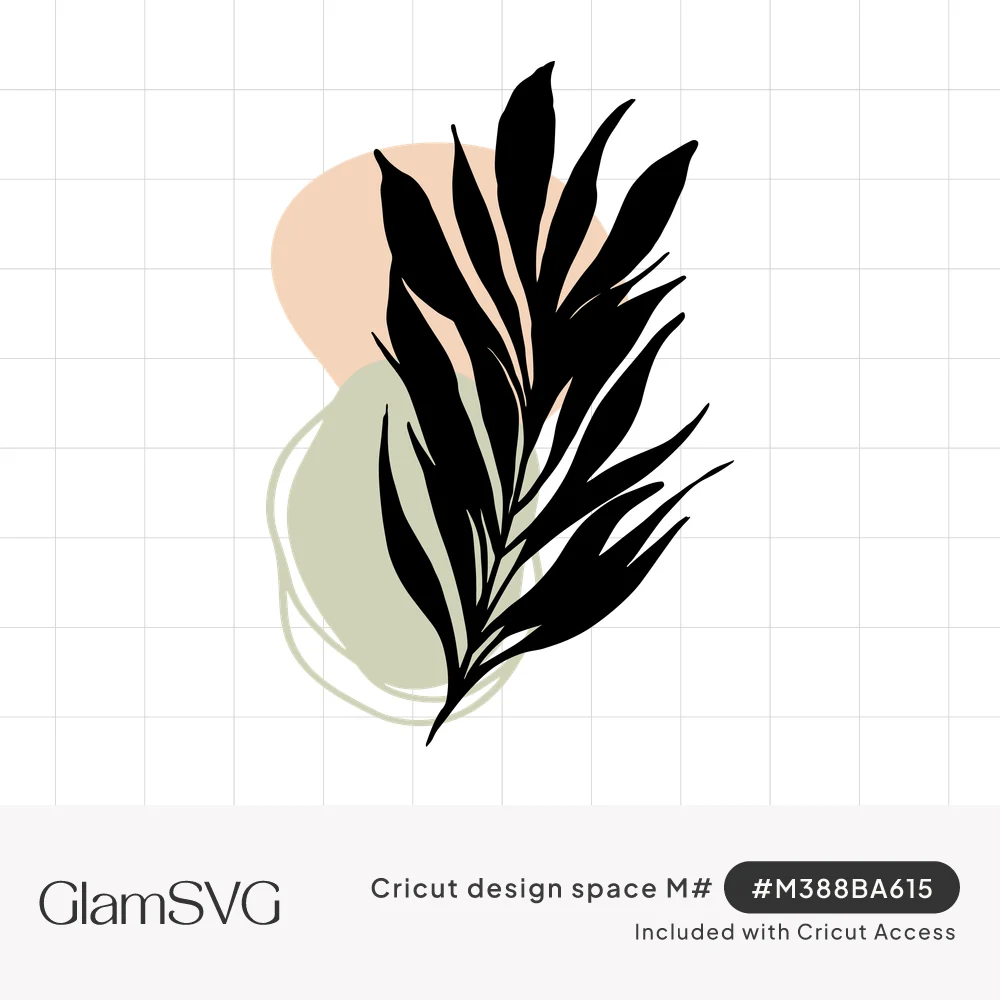 Black silhouette of a leafy botanical branch over peach and sage green abstract blob shapes with a thin outline