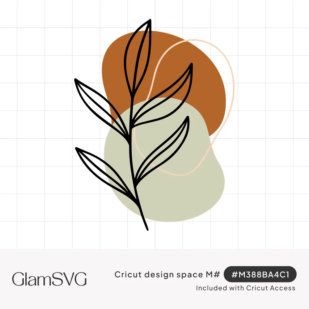 Black line art leafy stem over terracotta, sage green and blush abstract organic shapes in a boho style