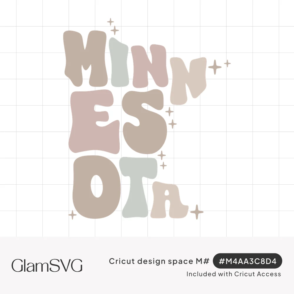 Groovy bubble letters spelling Minnesota in muted pastel tones, arranged in the state outline with small sparkles