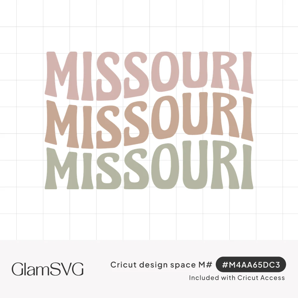 The word Missouri repeated three times in wavy retro letters in dusty pink, tan, and sage green