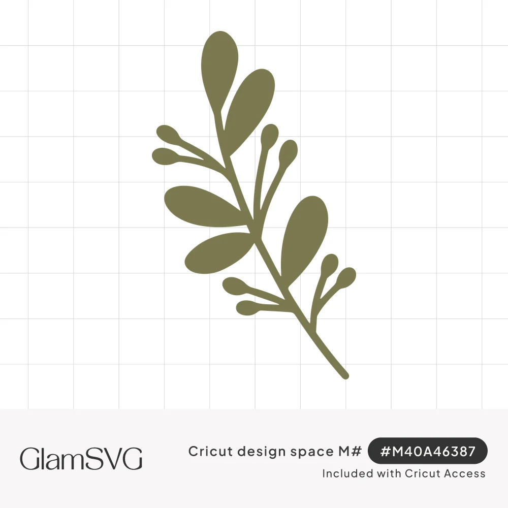Olive green silhouette of a mistletoe sprig with oval leaves and small berry bud clusters on a curved stem