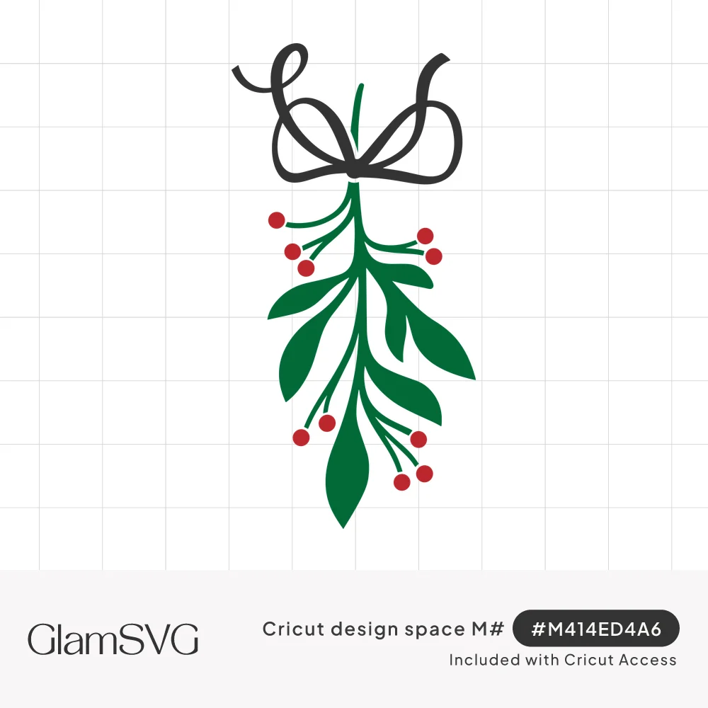 Hanging sprig of green mistletoe leaves and red berries tied at the top with a black ribbon bow