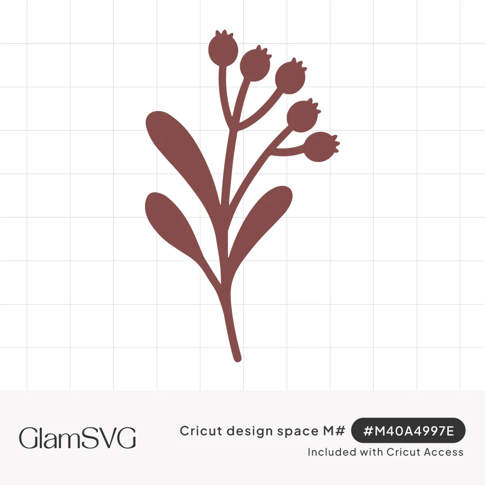 Single-color silhouette of a mistletoe sprig with five crowned round berries and three oval leaves on a slim stem