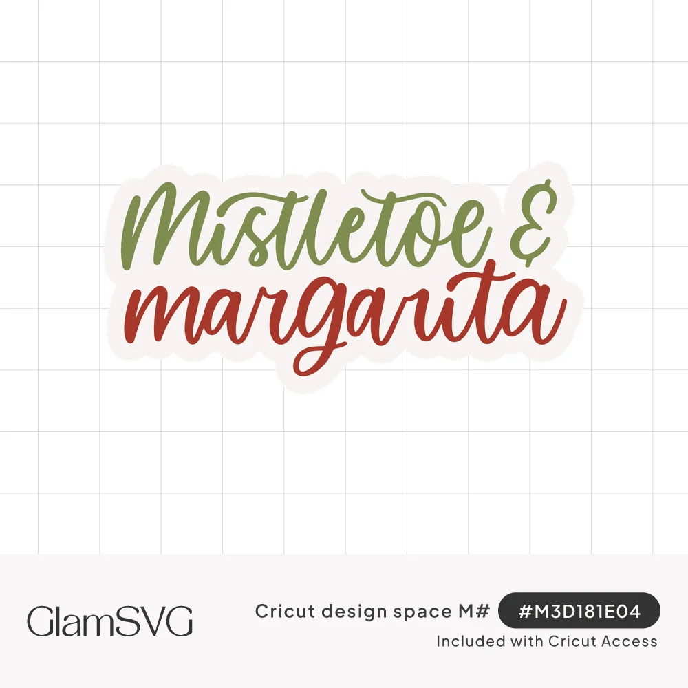 Script lettering reading Mistletoe & Margarita in green and red with a white outline