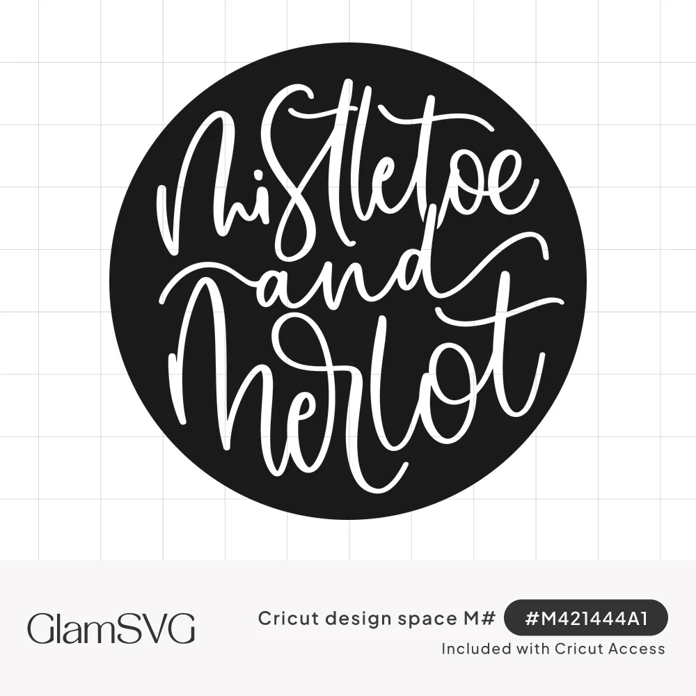 White brush script reading mistletoe and merlot inside a solid black circle