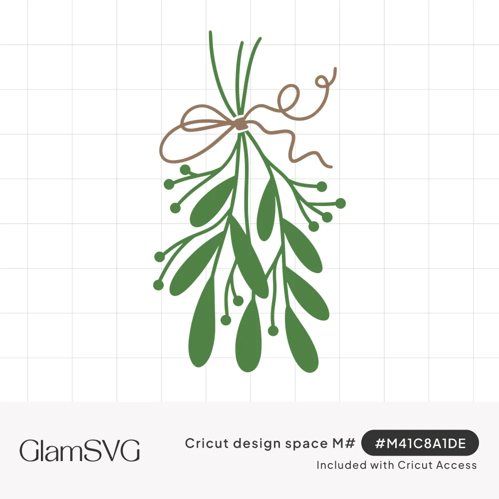Hand-drawn hanging mistletoe sprig with green leaves and berries tied at the top with a brown twine bow