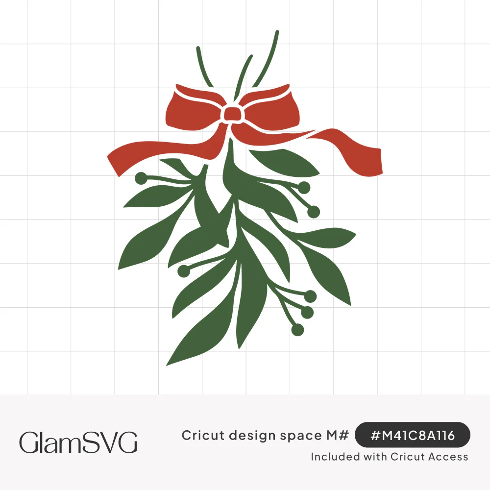 Hanging green mistletoe sprig with slender leaves and small berries, tied at the top with a red ribbon bow