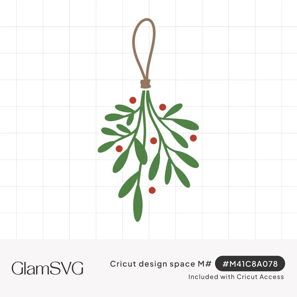 Sprig of green mistletoe leaves with red berries hanging from a brown looped cord