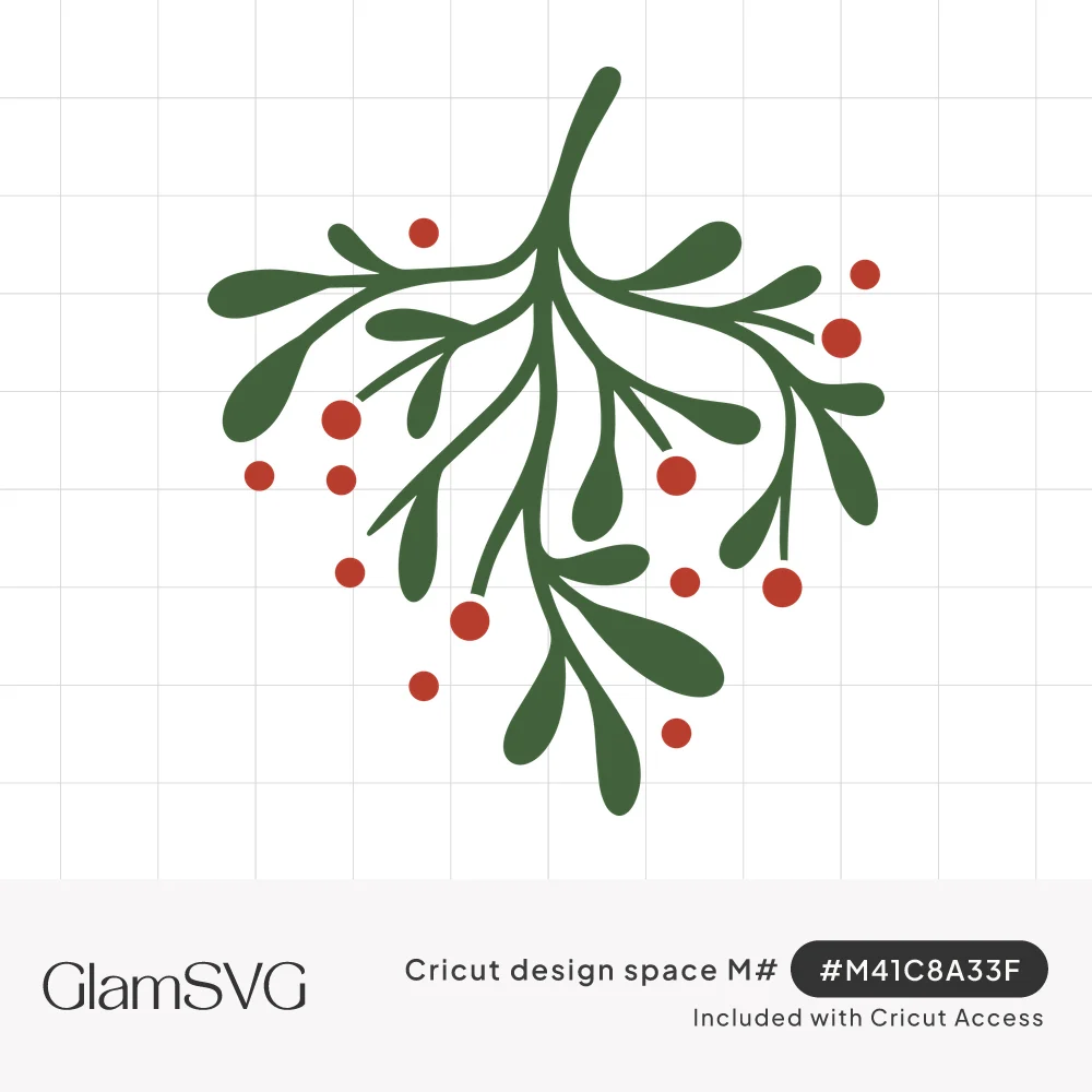 Hanging green mistletoe branch with rounded leaves and scattered red berries on a white background
