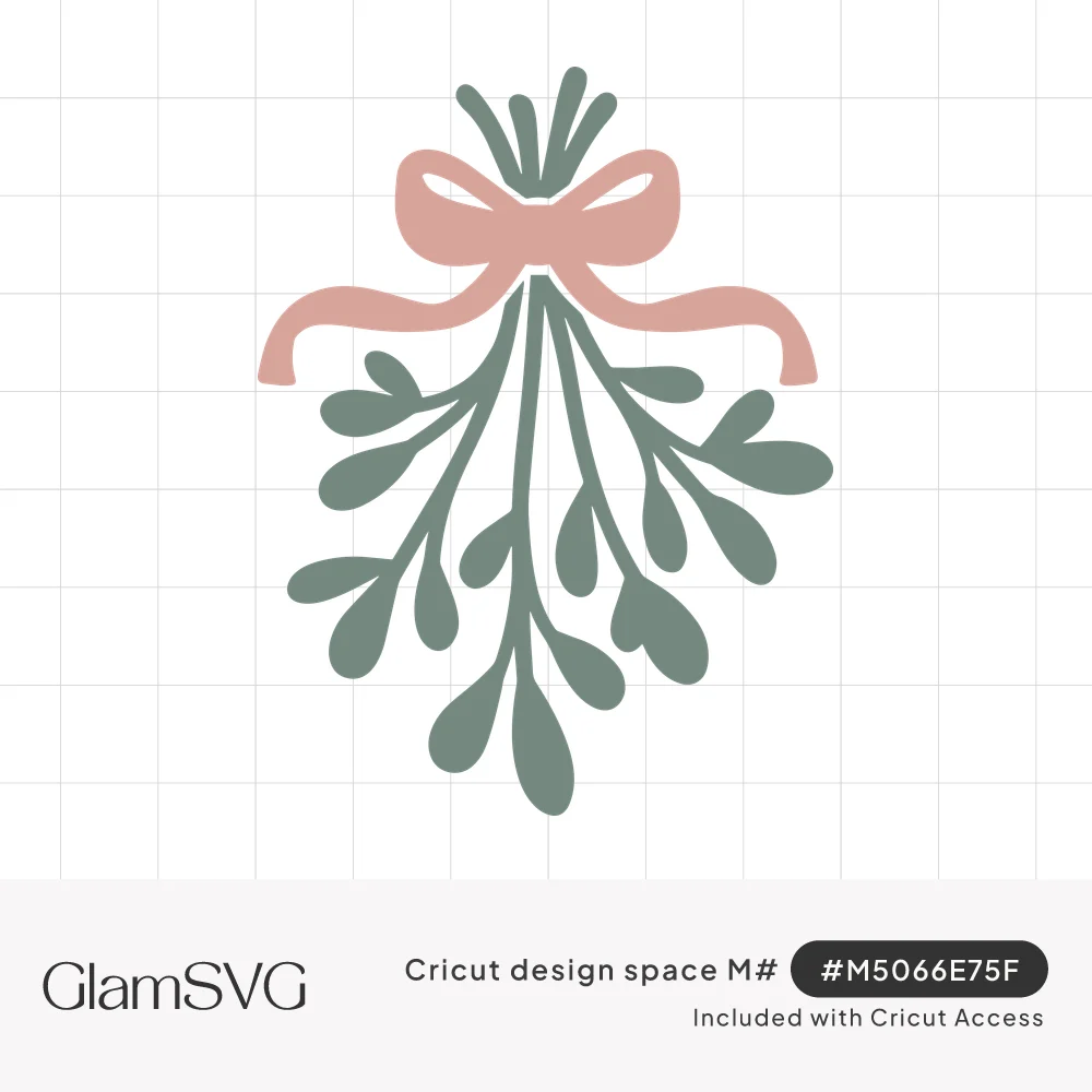 Sage green mistletoe sprig with rounded leaves hanging from a blush pink ribbon bow