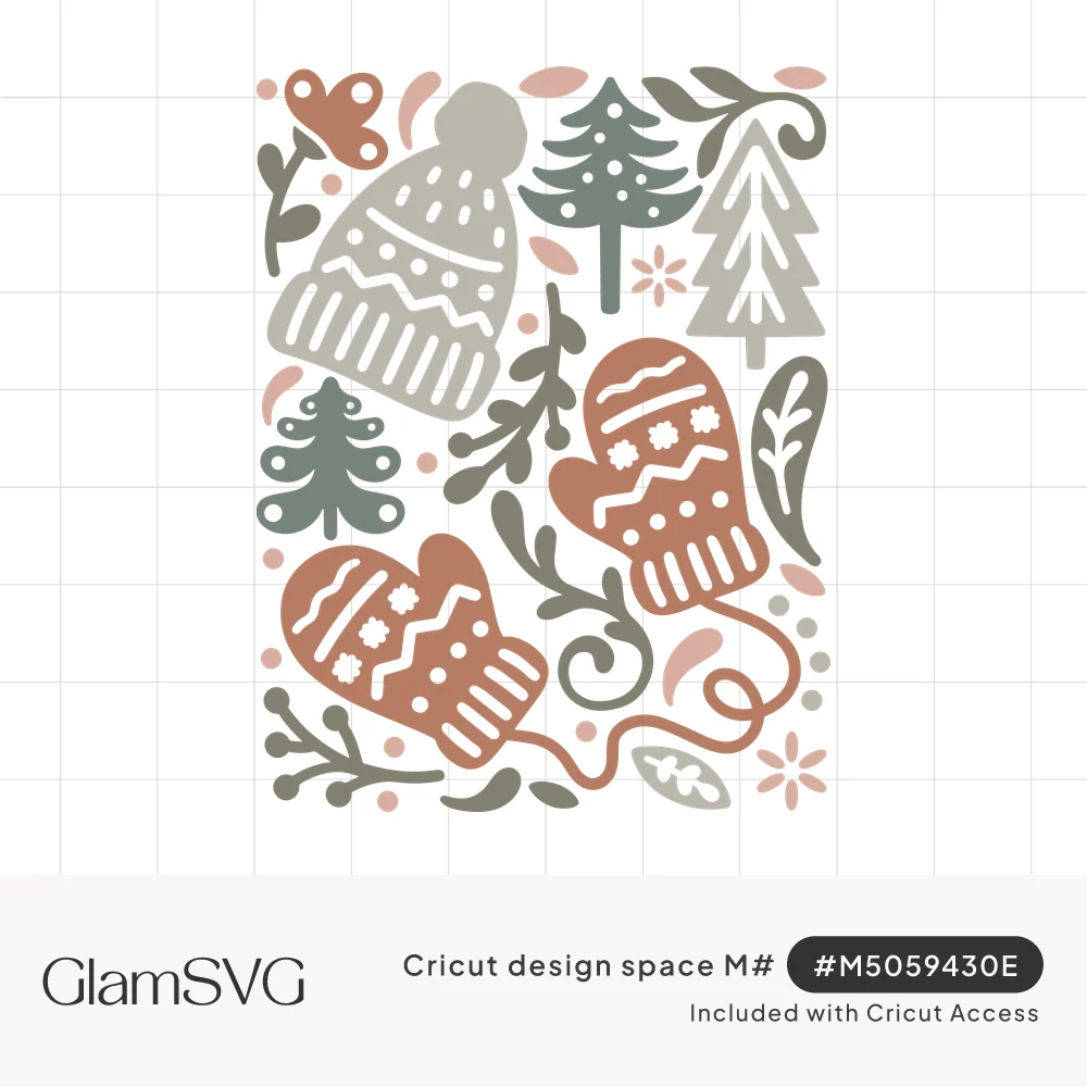 Knit pom-pom hat and patterned mittens on a string surrounded by pine trees, leaves and small flowers in sage and rust