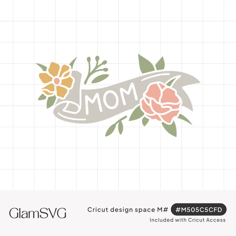The word MOM on a gray ribbon banner with a yellow flower, pink rose and green leaves in soft muted colors