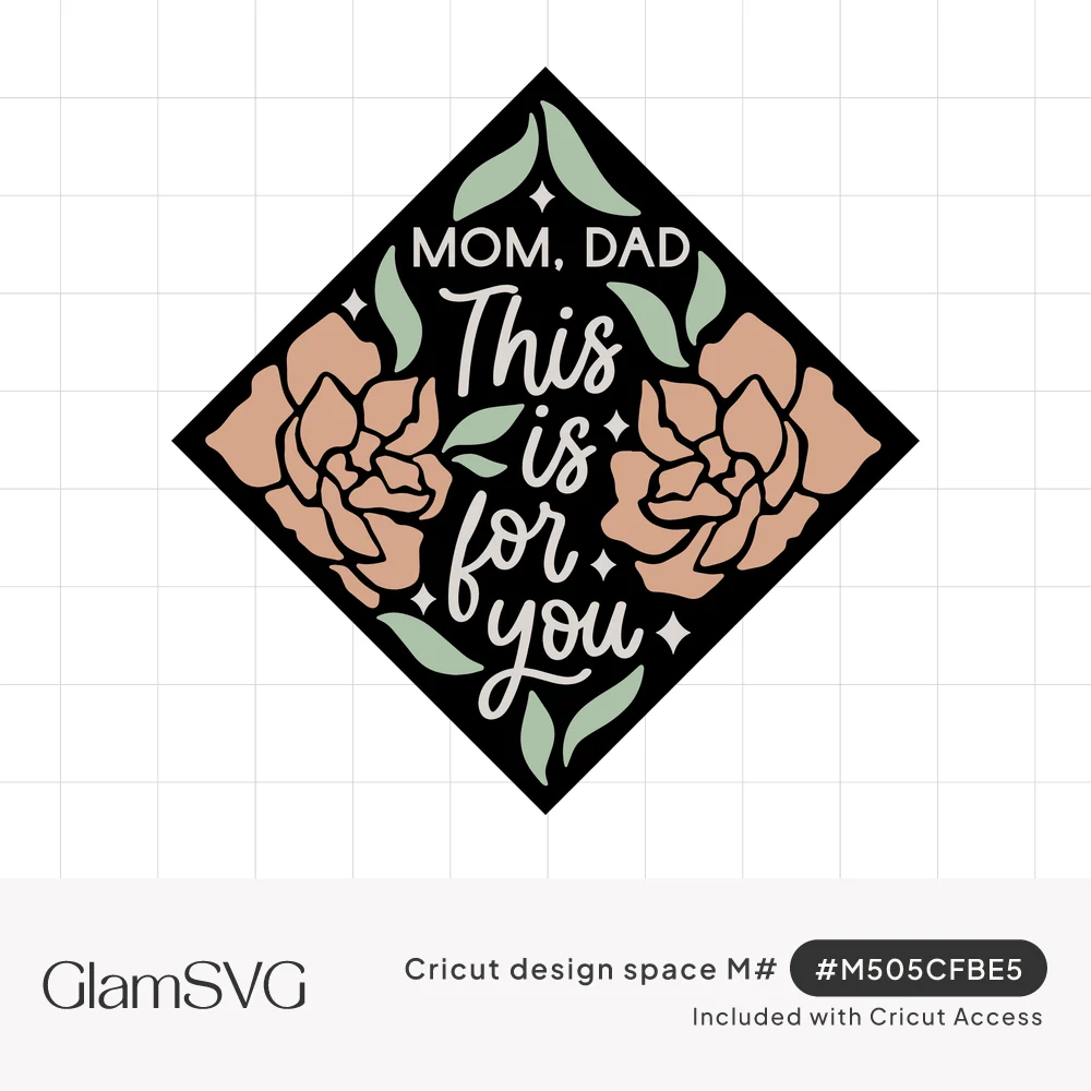 Diamond graduation cap topper with peach roses, green leaves and white script reading Mom, Dad, This is for you on black