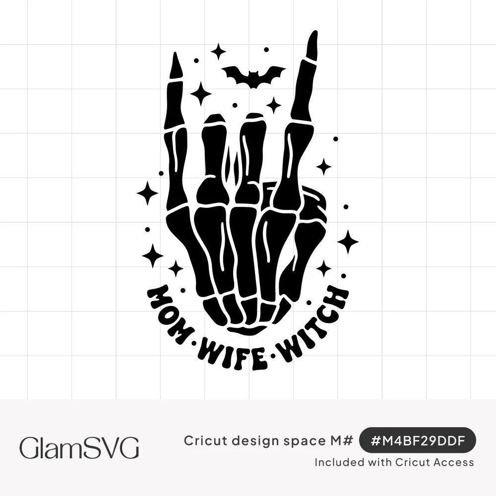 Black skeleton hand making the rock-on sign with a bat and sparkles above arched text reading Mom Wife Witch