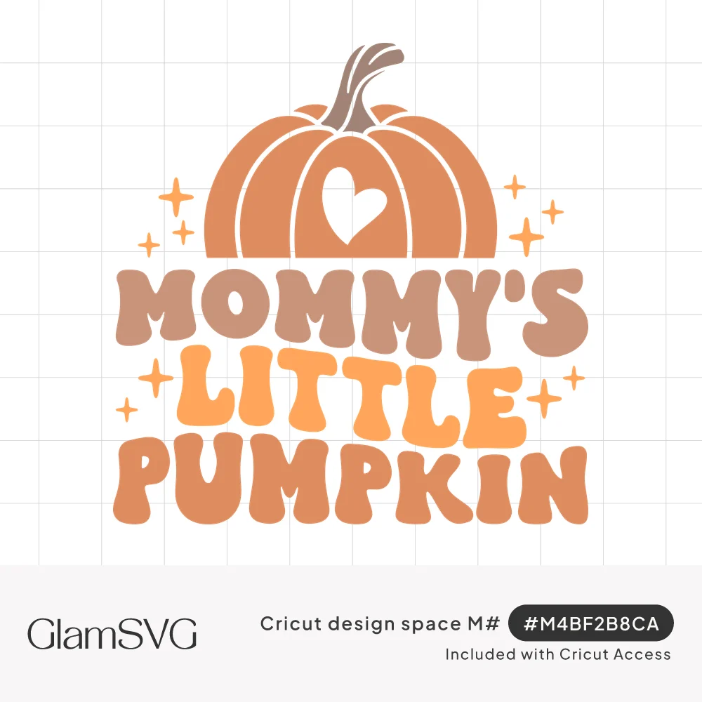 Retro wavy text reading Mommy's Little Pumpkin below an orange pumpkin with a heart cutout and small sparkles