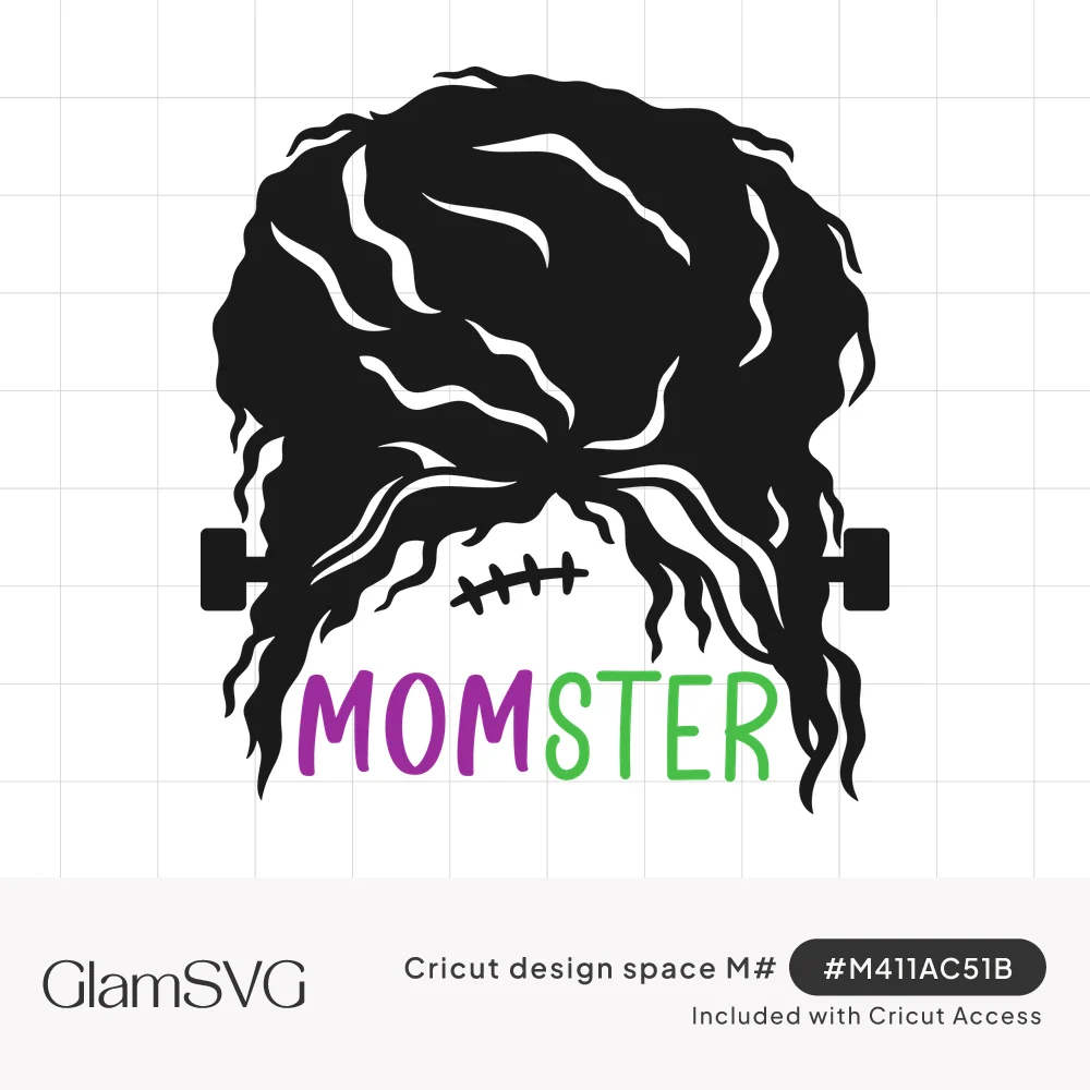 Black messy bun hairstyle with Frankenstein neck bolts and stitches above the word MOMSTER in purple and green letters