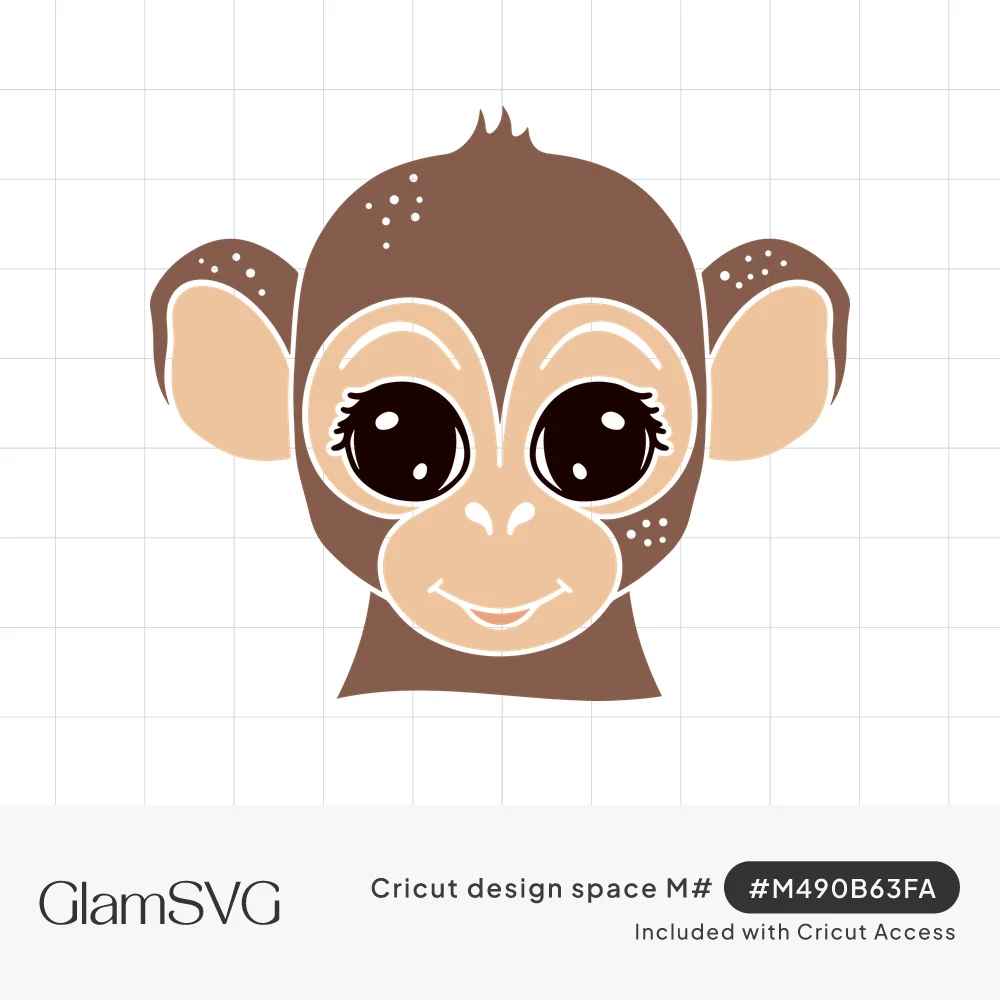 Cartoon brown monkey face with large peach ears, big eyes with lashes, a small nose and a gentle smile