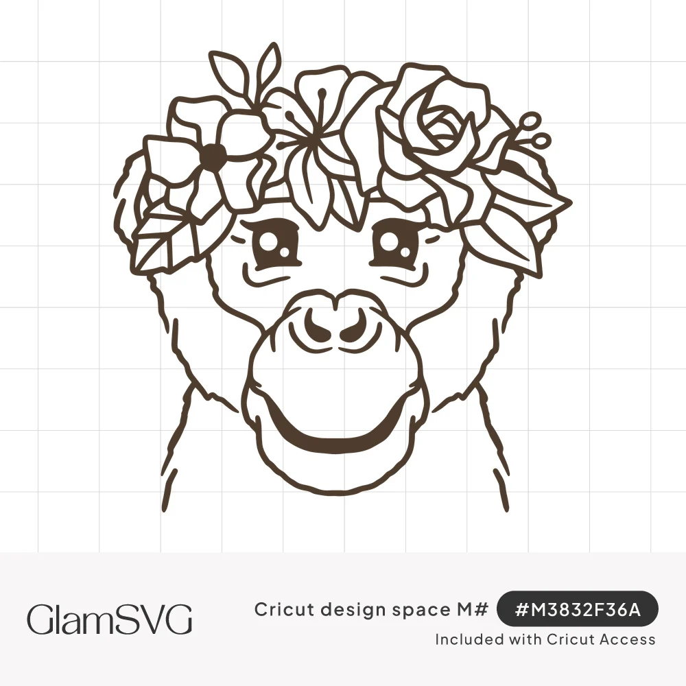 Line art of a smiling monkey face wearing a flower crown of roses, lilies and leaves