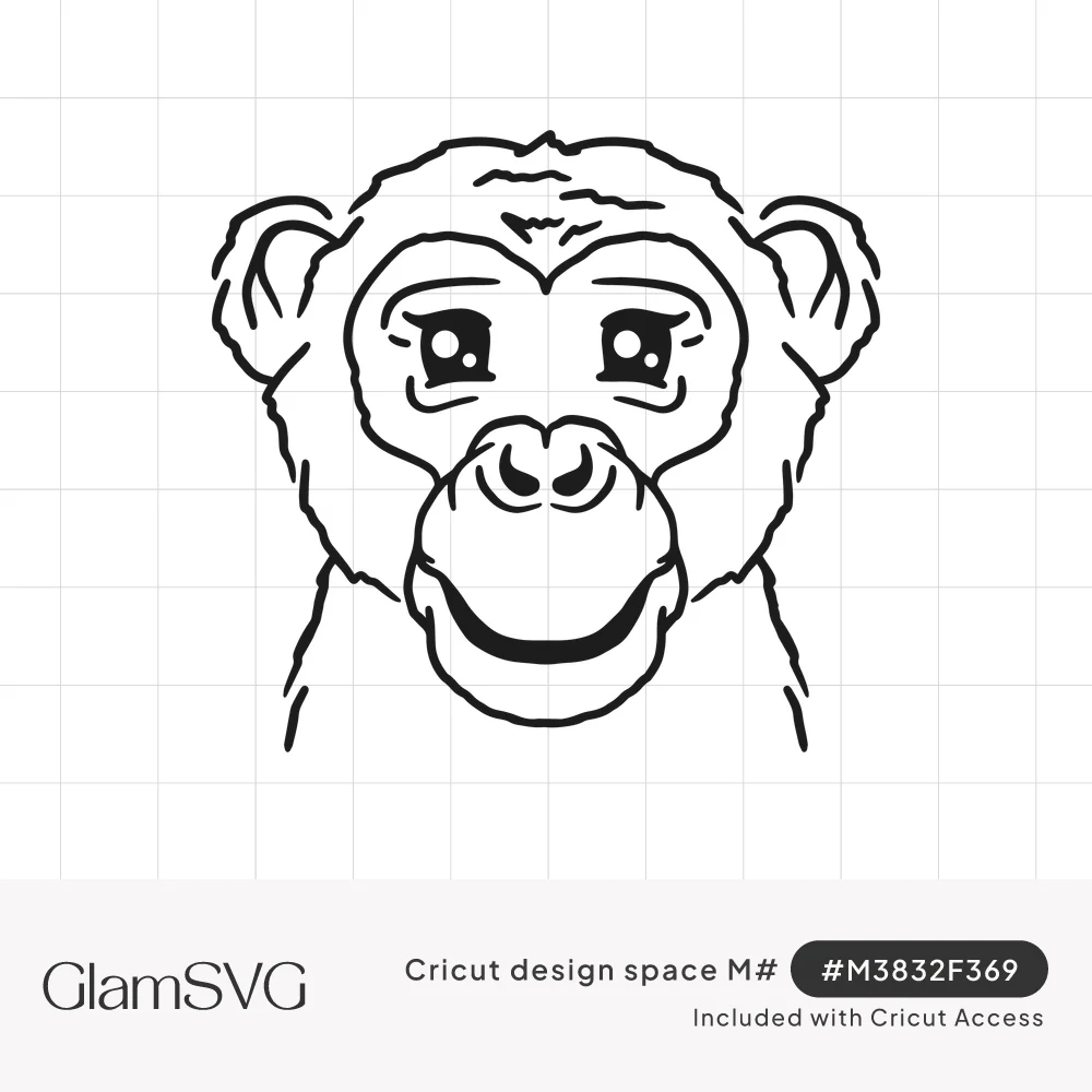 Black line art of a smiling chimpanzee face with big shiny eyes, round ears and textured fur
