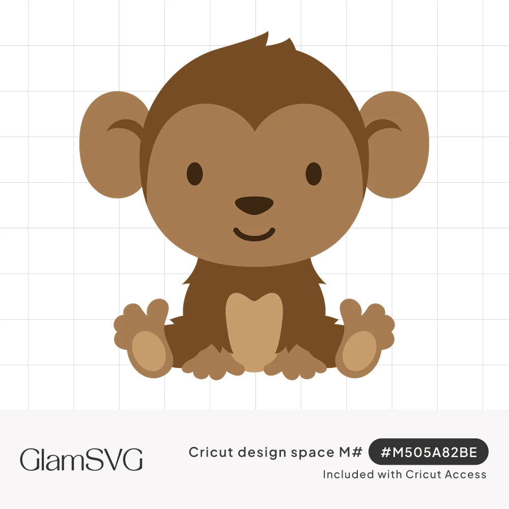 Cute brown cartoon baby monkey sitting with big round ears, a tan heart-shaped face, smile and padded feet