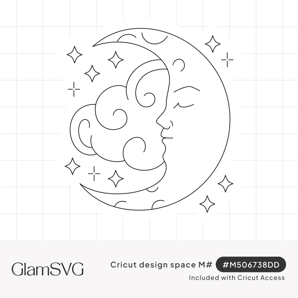 Line art crescent moon with a sleeping face, curly swirl clouds and four-point stars inside a circular sticker outline