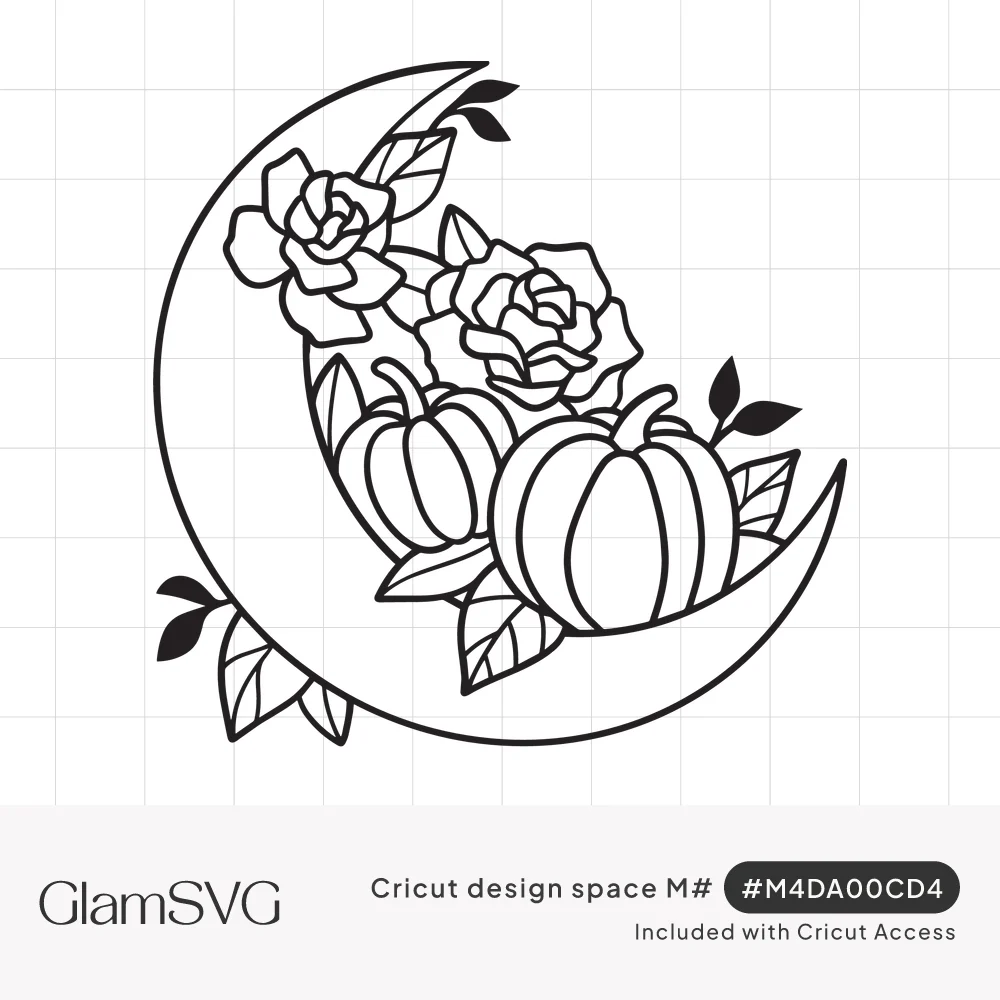 Black line art crescent moon decorated with roses, two pumpkins and leaves on a white background