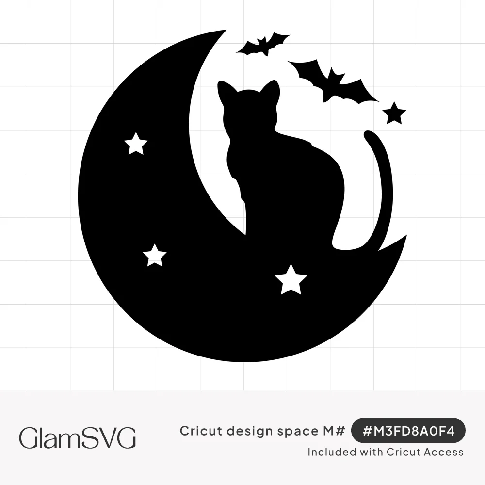 Black cat silhouette sitting inside a crescent moon with two flying bats and small white stars