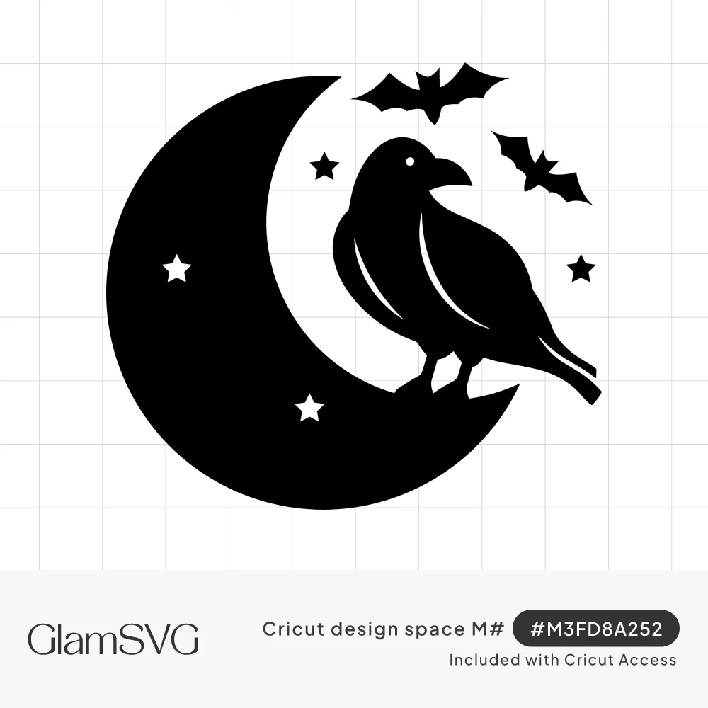 Black silhouette of a crow perched on a crescent moon with two flying bats and small white stars