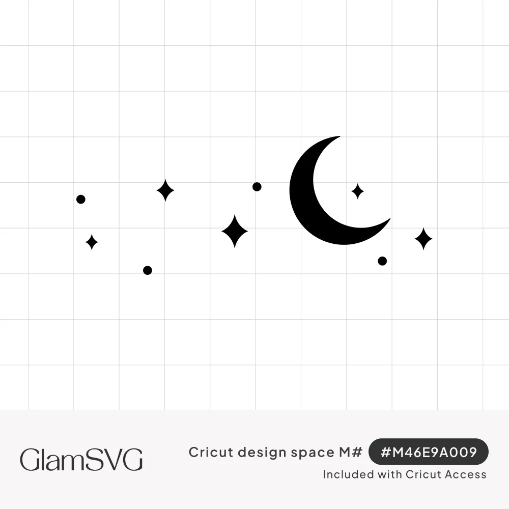 Black silhouette of a crescent moon with scattered four-point stars and small dots on a white background