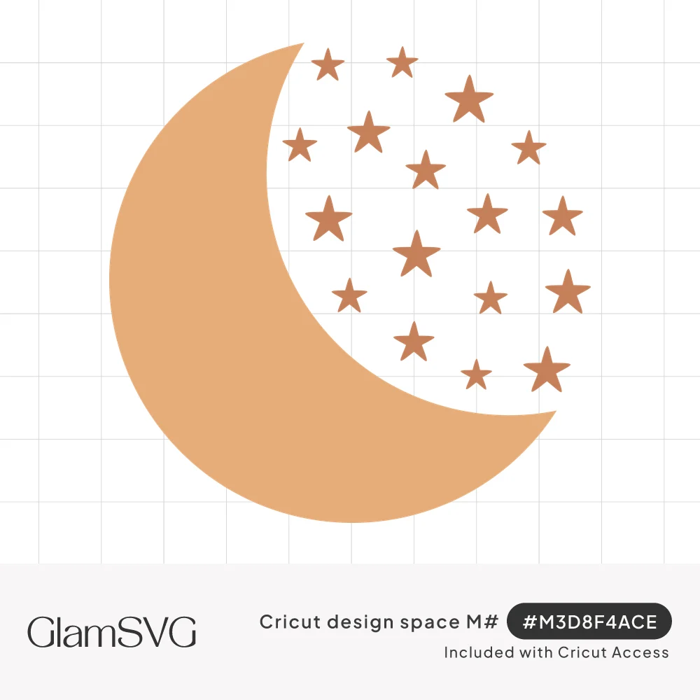 Peach crescent moon with a cluster of small terracotta stars filling the space inside its curve