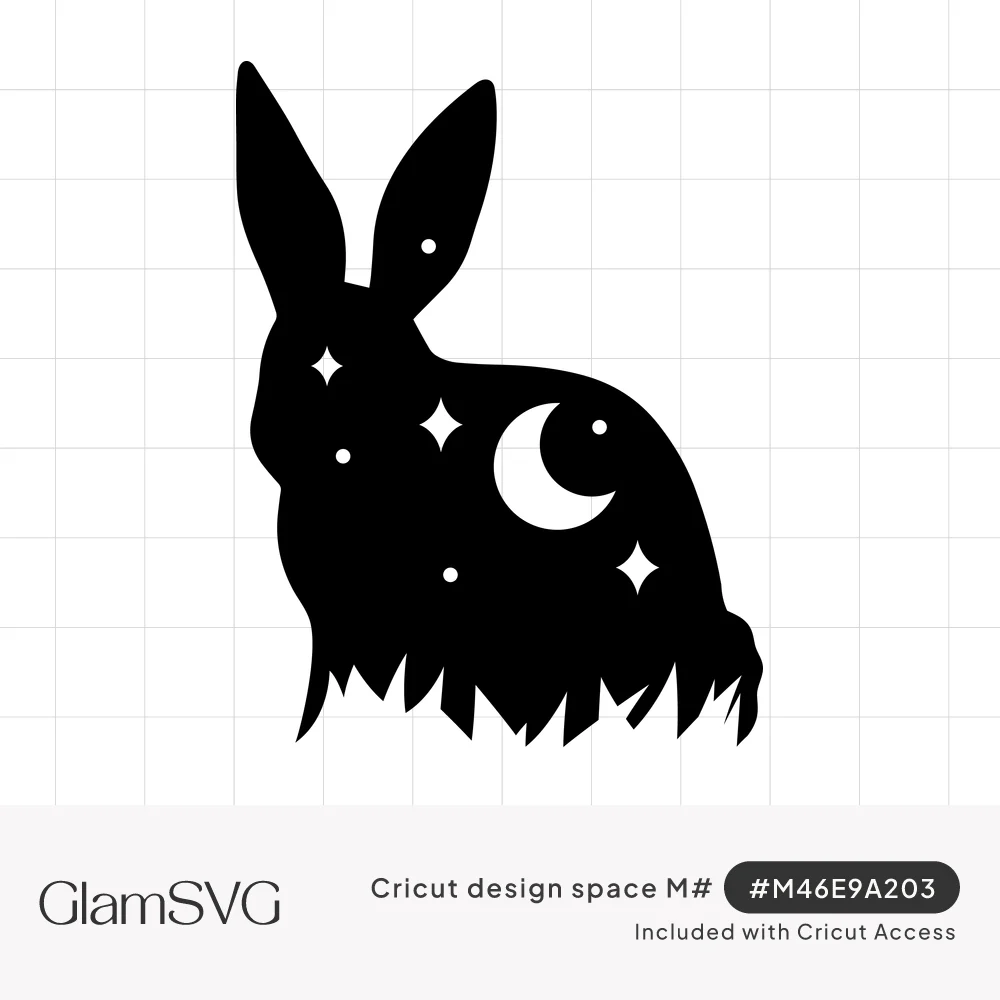 Black rabbit silhouette sitting in grass with a crescent moon, stars and dots cut out of its body