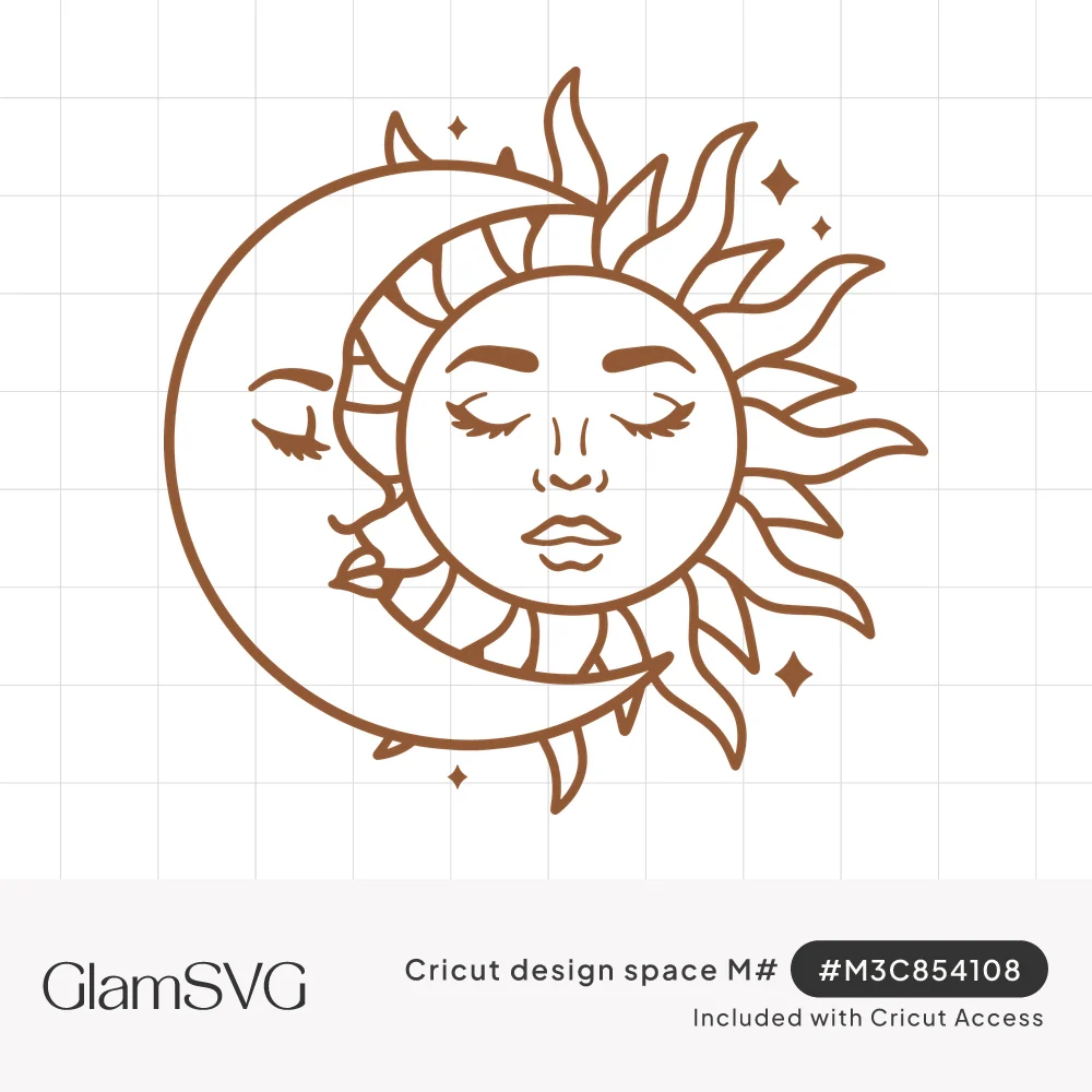 Line drawing of a sun face with closed eyes and wavy rays inside a crescent moon face, surrounded by small stars
