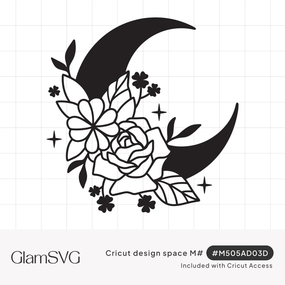 Black crescent moon with an outlined rose, five-petal flower, leaves, small clover blossoms and sparkles around it