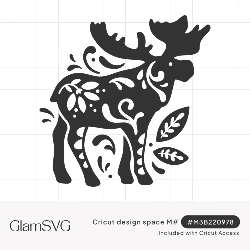 Dark moose silhouette with folk art swirls, dots and flower cutouts inside, with two leaves beside its front legs