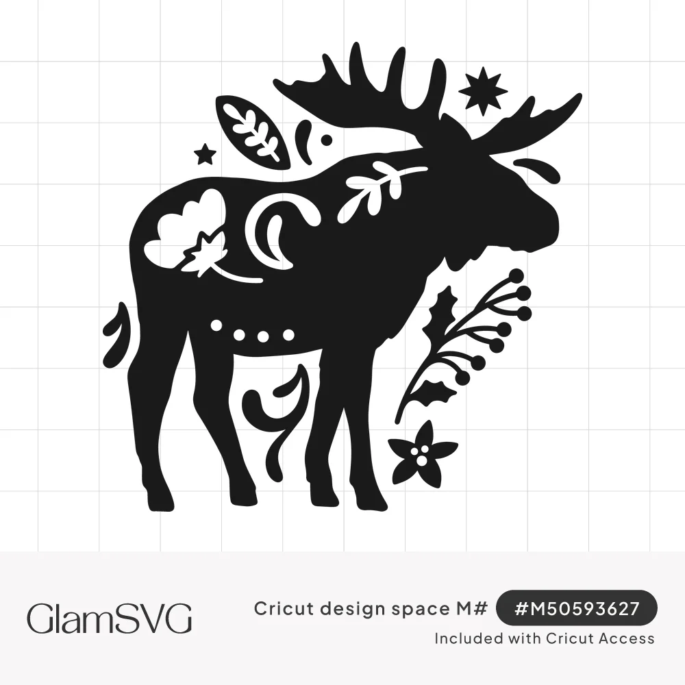 Black moose silhouette with folk-art floral cutouts, surrounded by stars, leaves, holly and berry sprigs