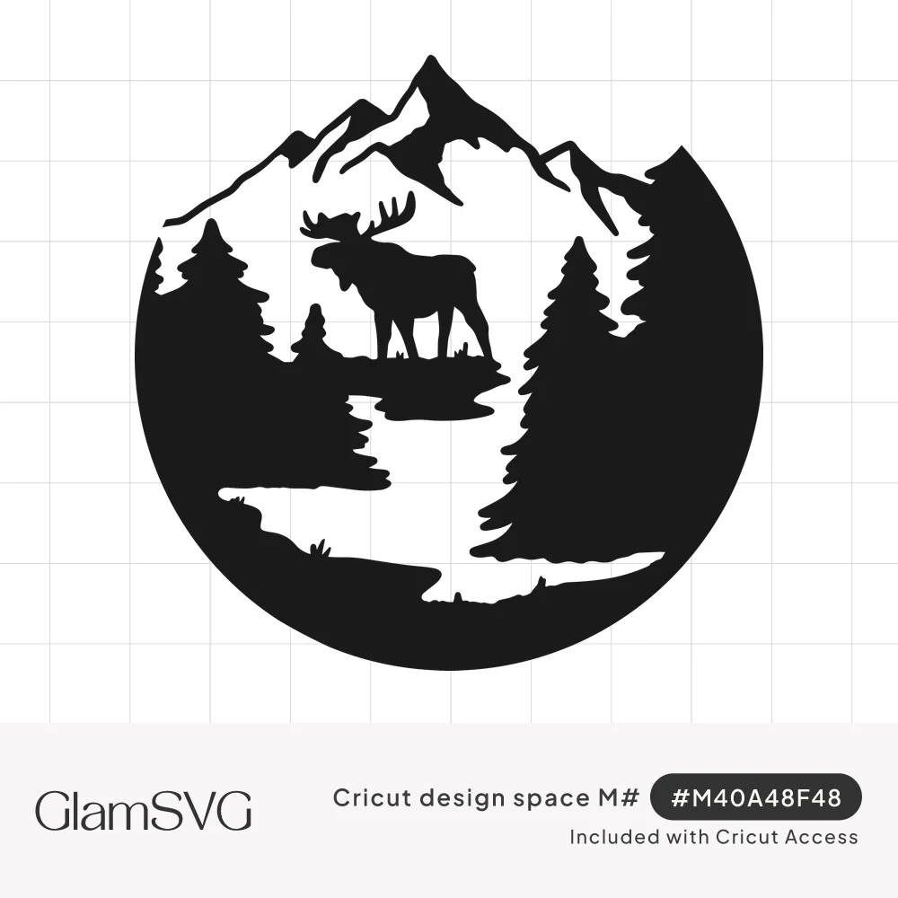 Black circular silhouette of a moose on a ledge above a winding river with pine trees and mountain peaks behind