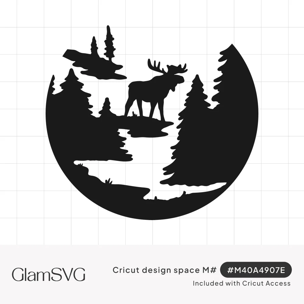 Black circular silhouette of a bull moose on a ledge above a winding river surrounded by pine trees